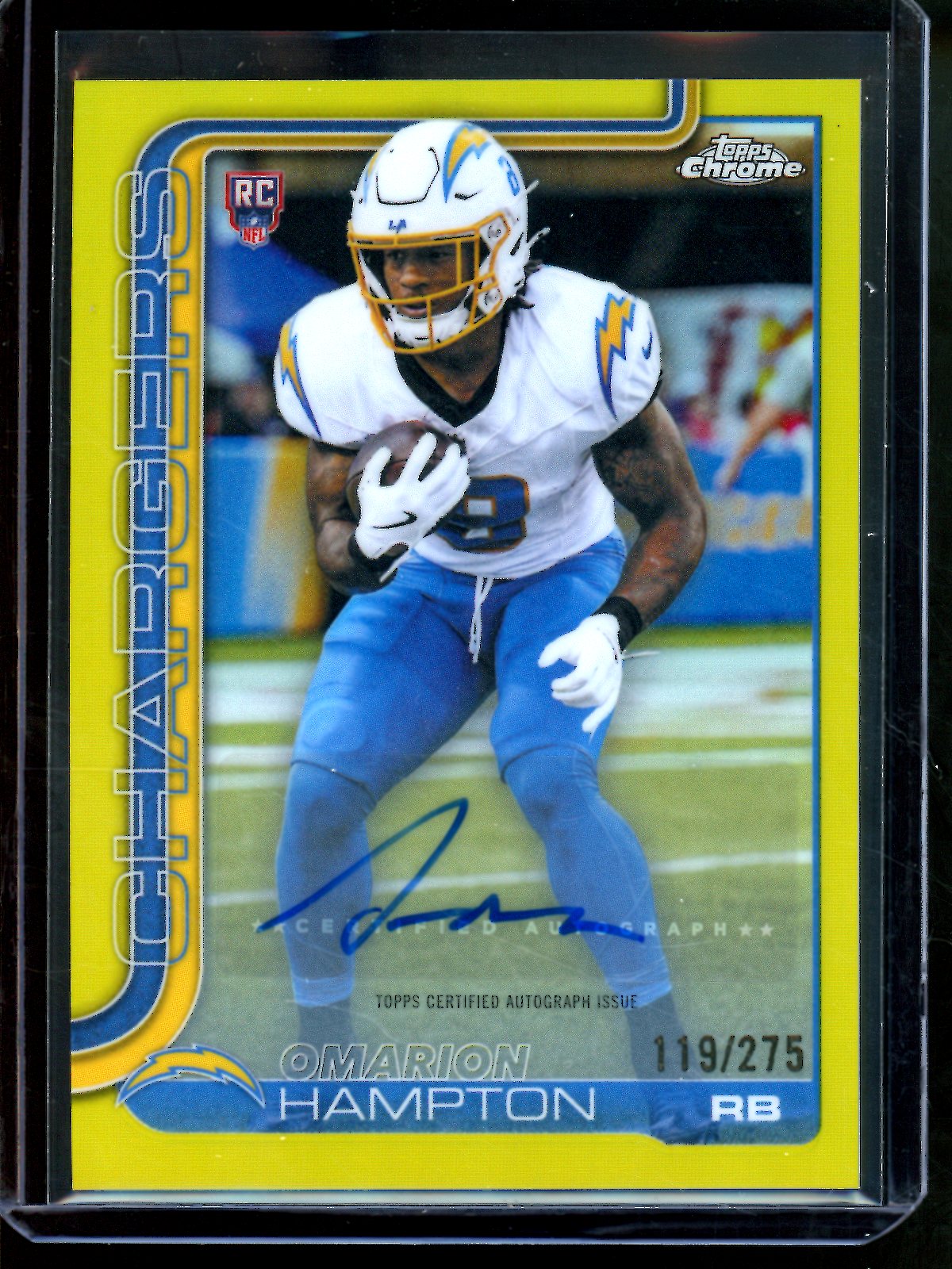 2025 Topps Chrome Omarion Hampton Yellow Rookie Autograph Refractor /275 Chargers