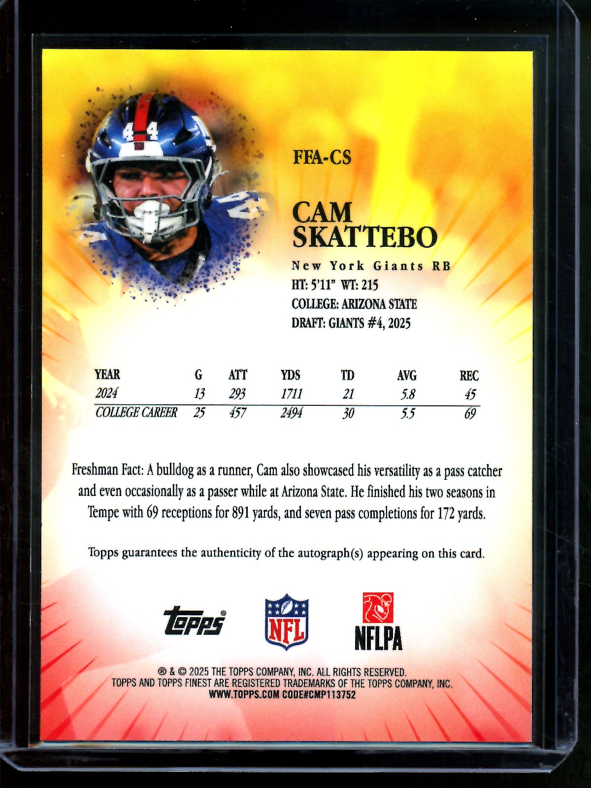 2025 Topps Finest Cam Skattebo Freshman Orange Rookie Geometric Autograph /25 Giants