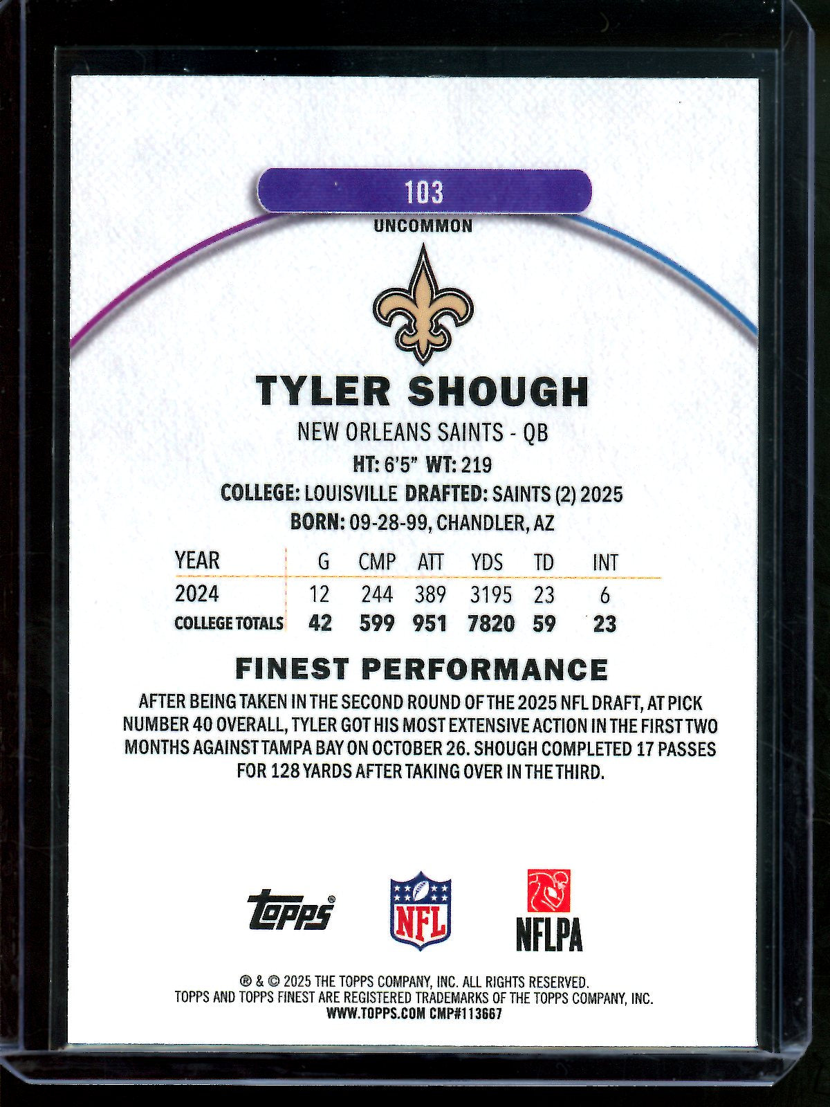 2025 Topps Finest Tyler Shough Rookie Blue Geometric /75 Saints