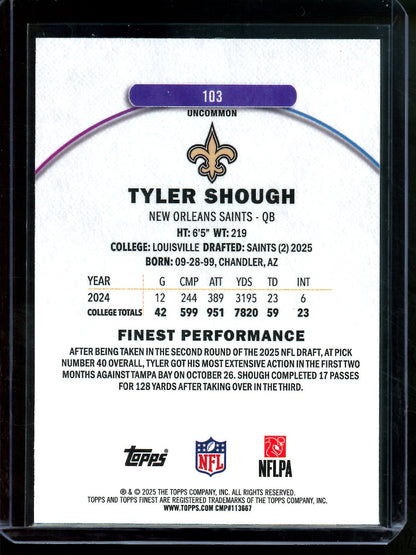 2025 Topps Finest Tyler Shough Rookie Blue Geometric /75 Saints