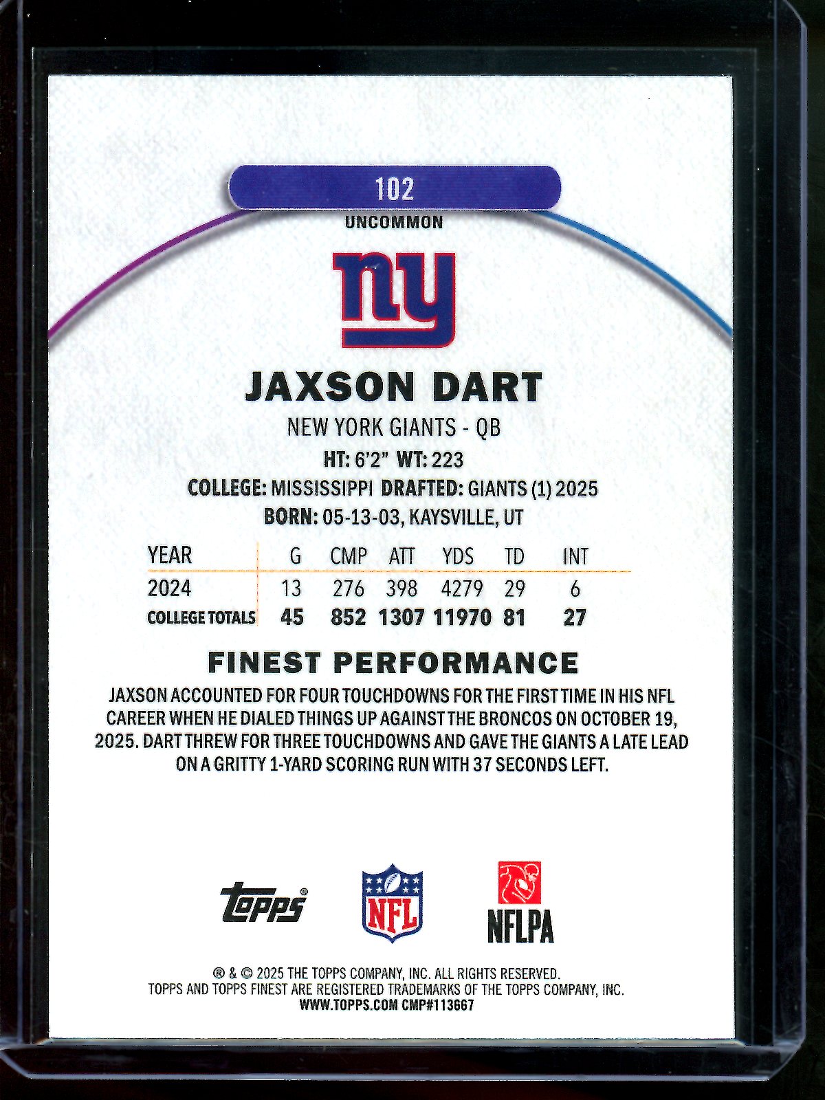 2025 Topps Finest Jaxson Dart Rookie Blue Geometric /75 Giants