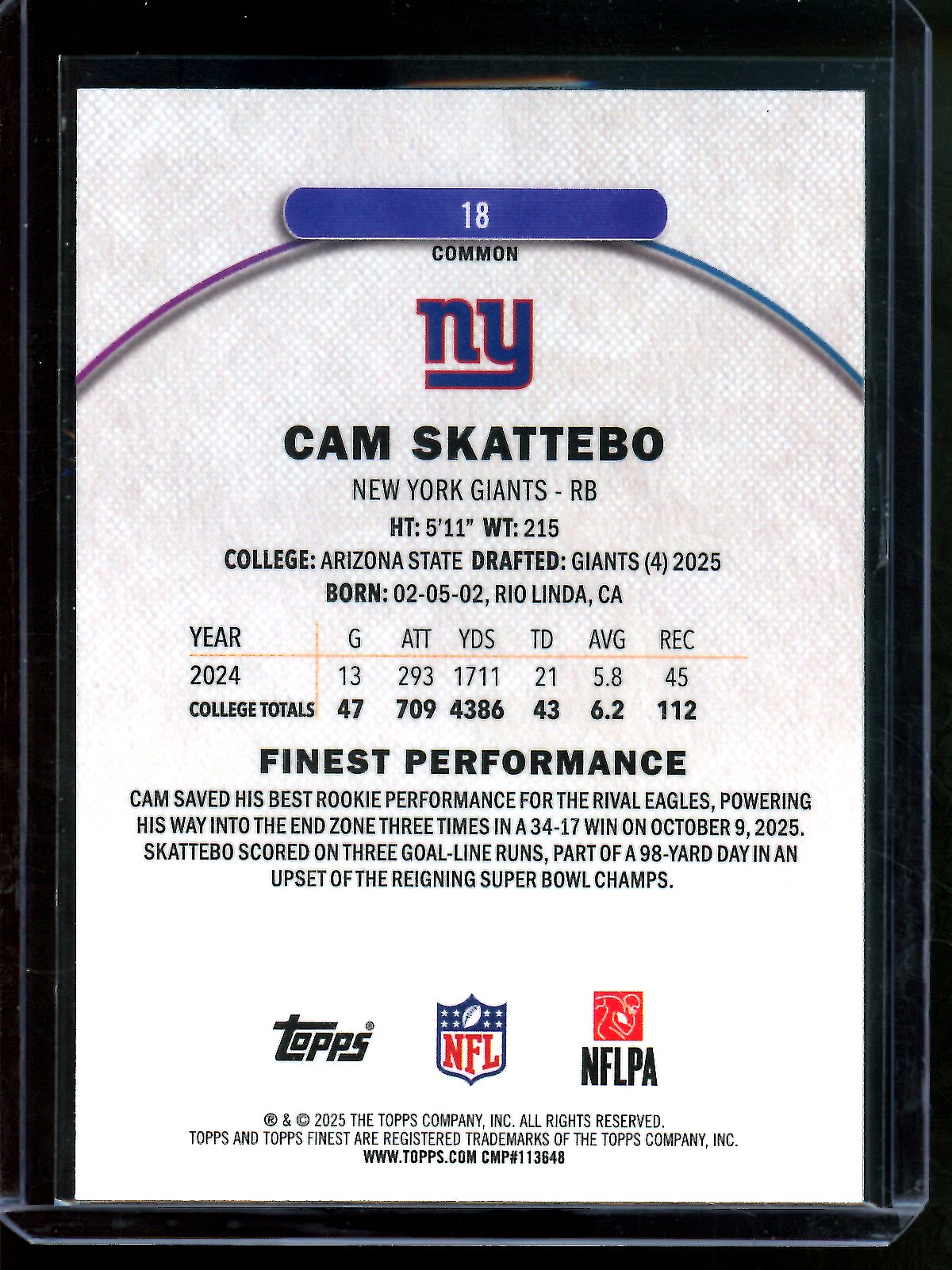 2025 Topps Finest Cam Skattebo Blue Rookie Autograph Geometric /99 Giants