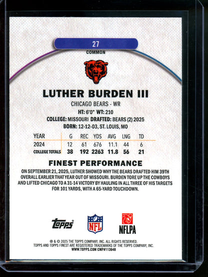 2025 Topps Finest Luther Burden III Blue Geometric Rookie /99 Bears