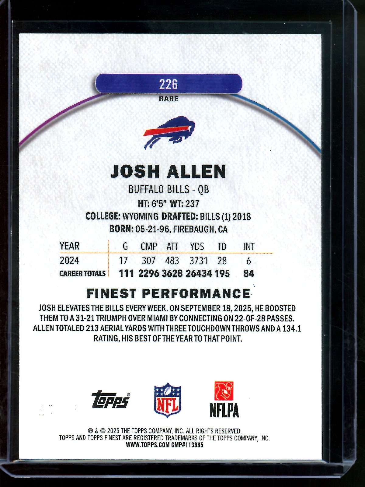 2025 Topps Finest Josh Allen Purple /75 Bills