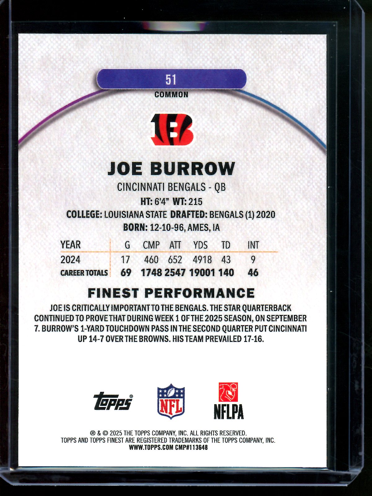 2025 Topps Finest Joe Burrow Green /75 Bengals