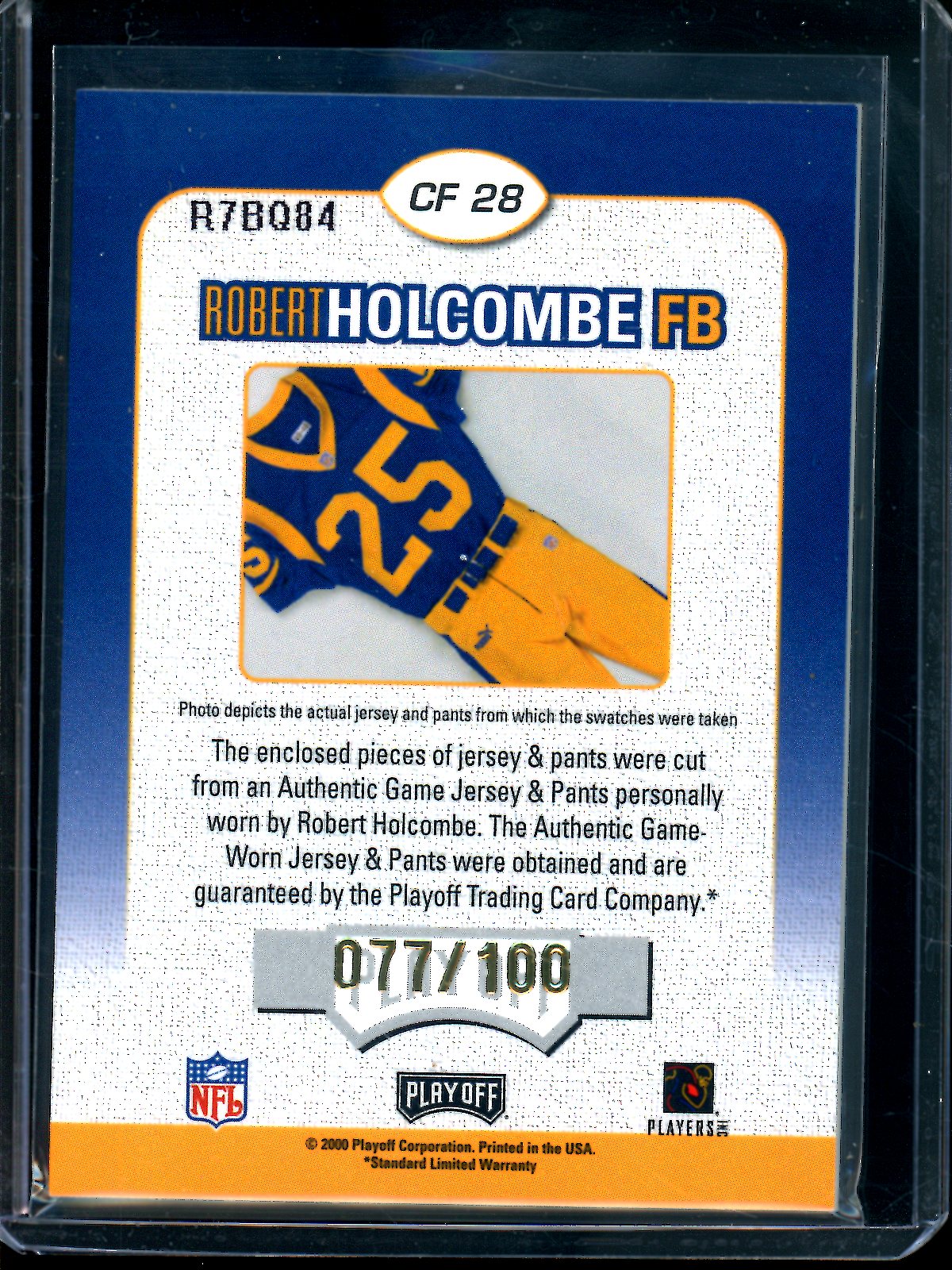 2000 Panini Contenders Robert Holcombe Championship Fabric Dual /100 Rams