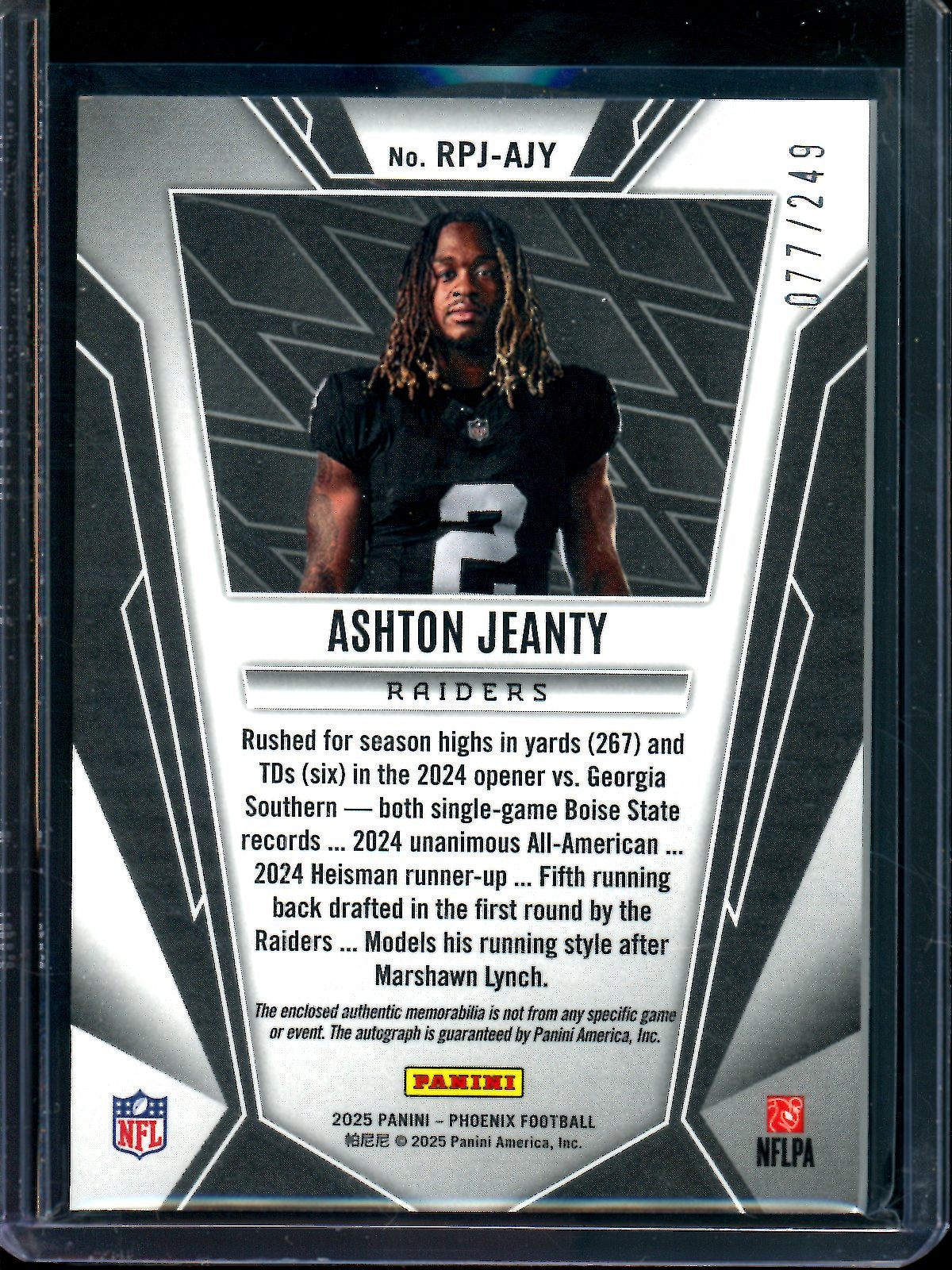 2025 Panini Phoenix Ashton Jeanty Rookie Phenom Patch Autograph /249 Raiders