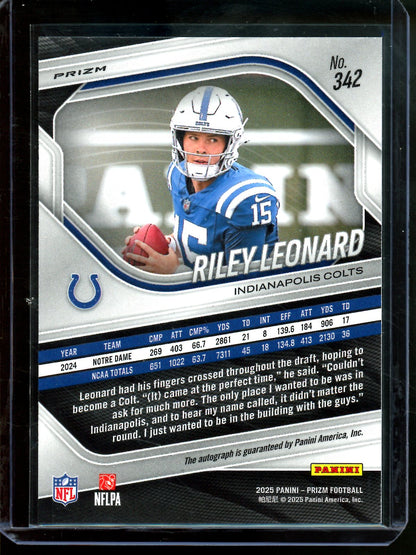 2025 Panini Prizm Riley Leonard Prizm Silver Rookie Autograph Colts