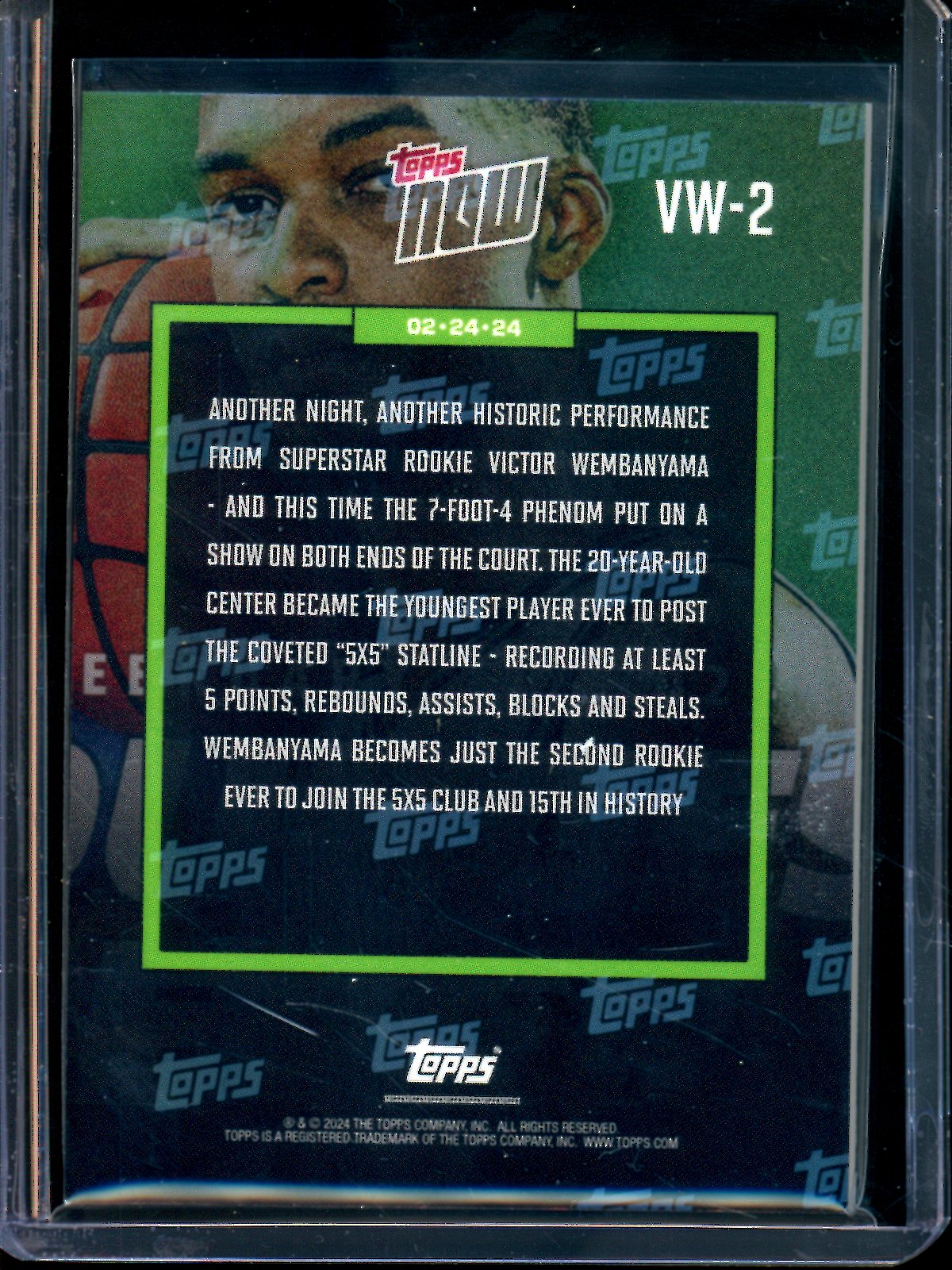 2024 Topps Now Victor Wembanyama Youngest Ever Rookie 5x5 Spurs