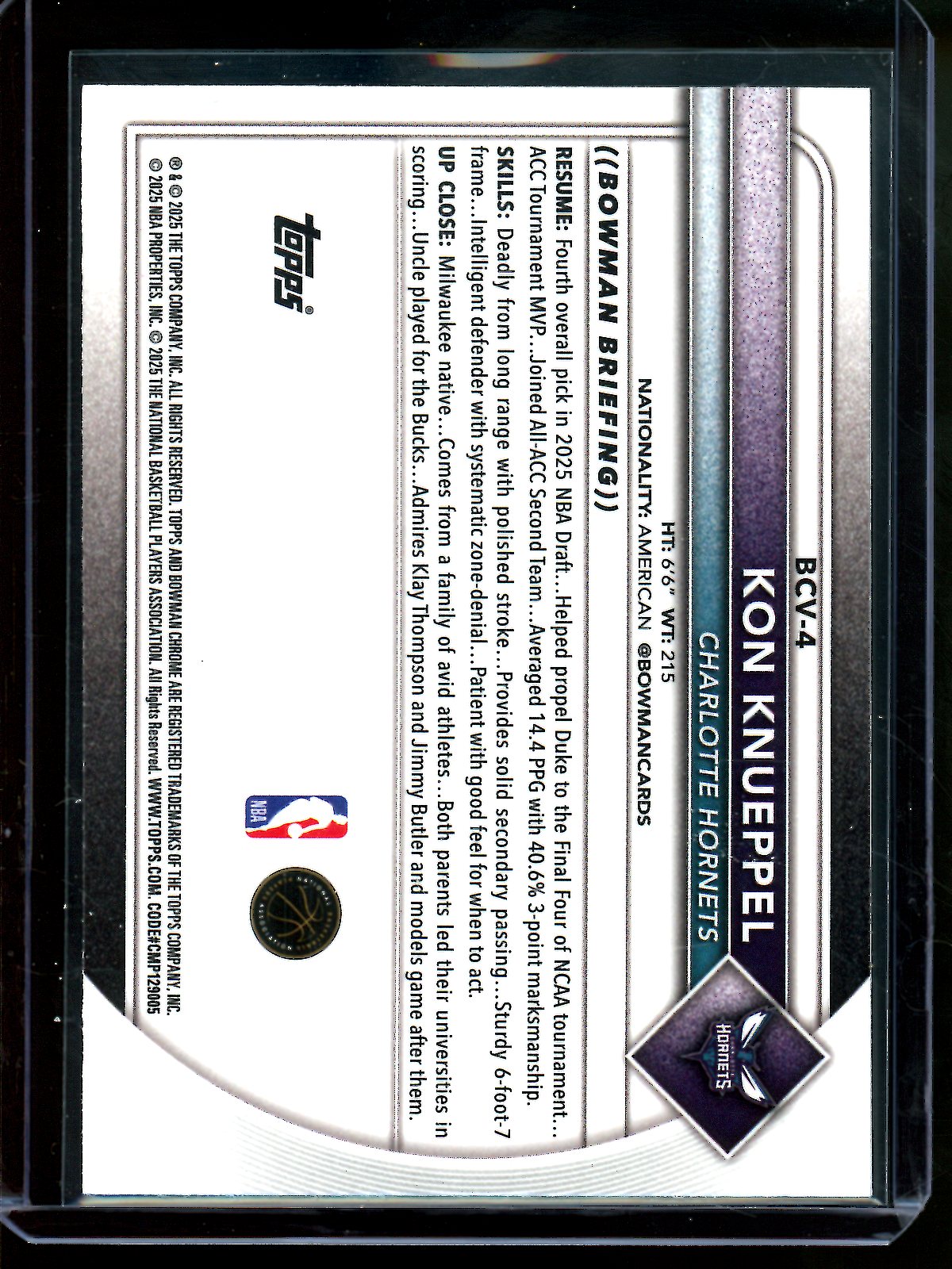 2025 Bowman Chrome Kon Knueppel Rookie Magenta Mojo /299 Hornets