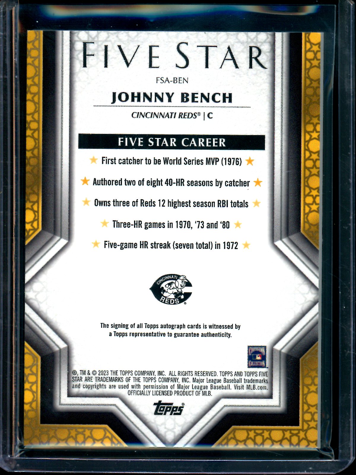2023 Topps Five Star Johnny Bench Aqua Autograph /75 Reds