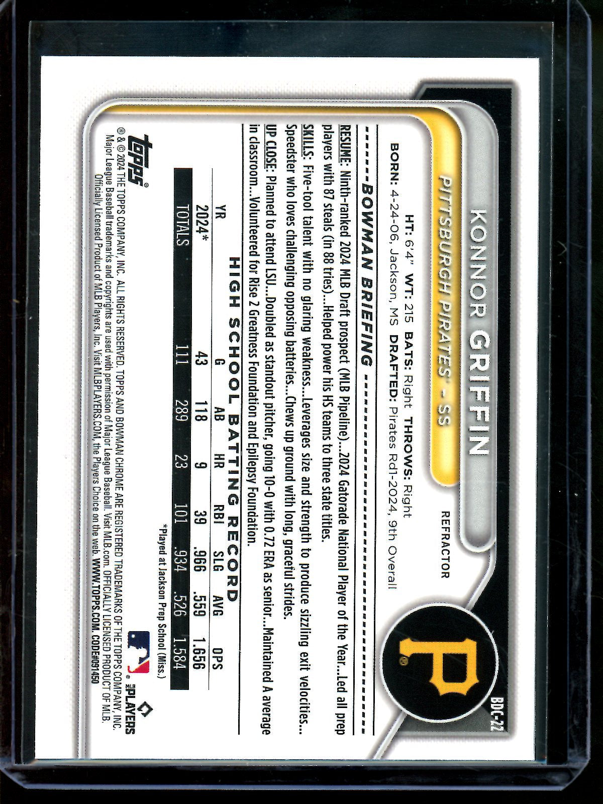 2024 Bowman Chrome Konnor Griffin 1st Refractor Pirates