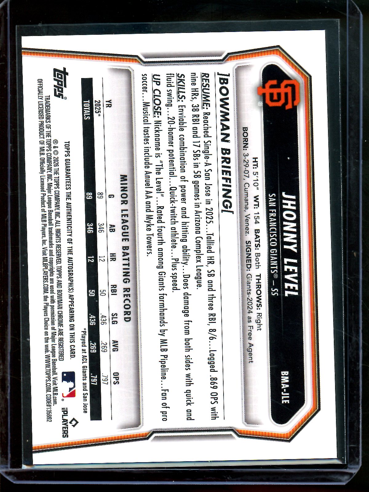 2026 Bowman Chrome Jhonny Level Mojo Autograph Refractor Giants