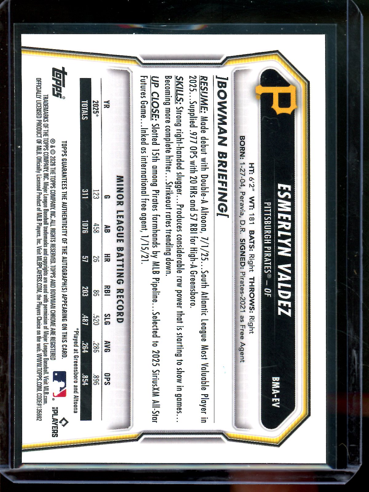 2026 Bowman Chrome Esmerlyn Valdez Mojo Autograph Refractor Pirates