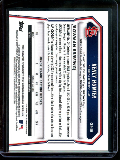 2026 Bowman Chrome Kenly Hunter 1st Green Shimmer Autograph /99 Cardinals