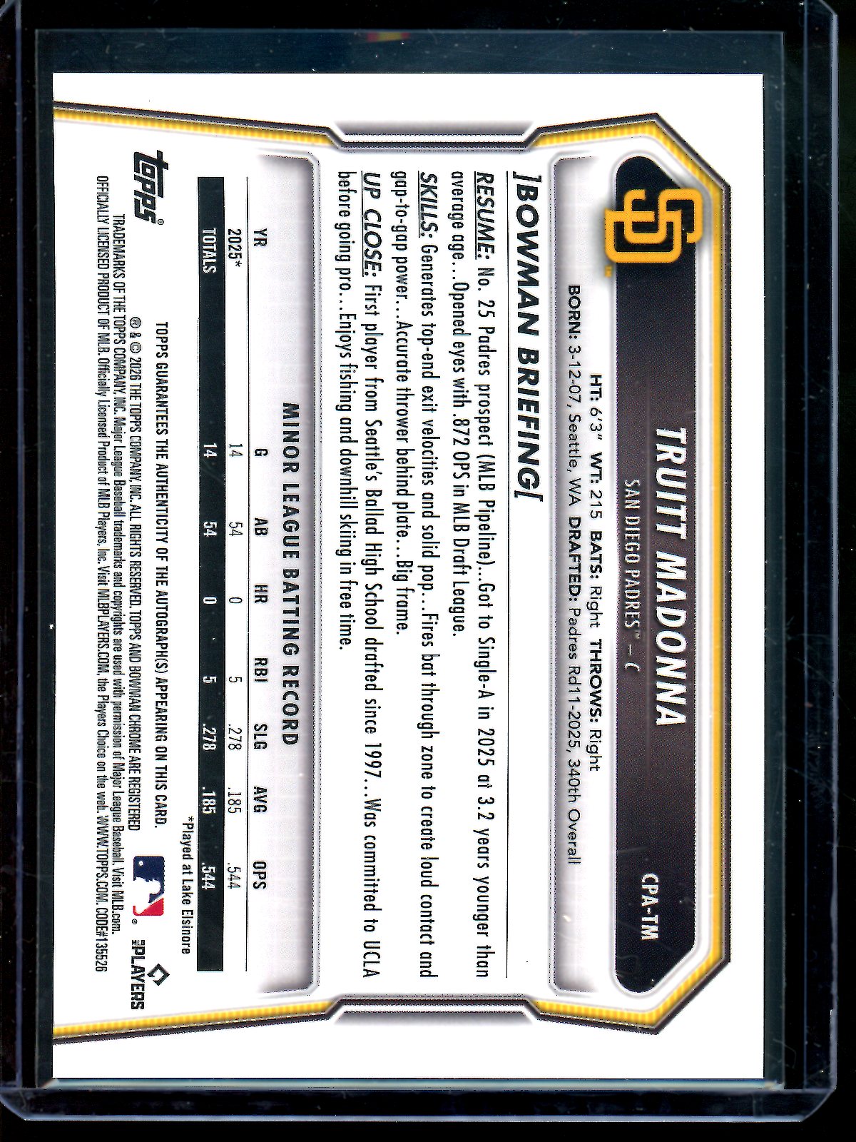 2026 Bowman Chrome Truitt Madonna 1st Purple Autograph /250 Padres