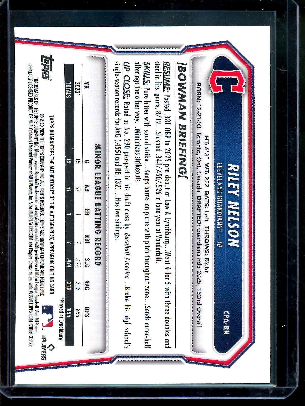 2026 Bowman Chrome Riley Nelson 1st Bowman Green Lava Autograph /99 Guardians