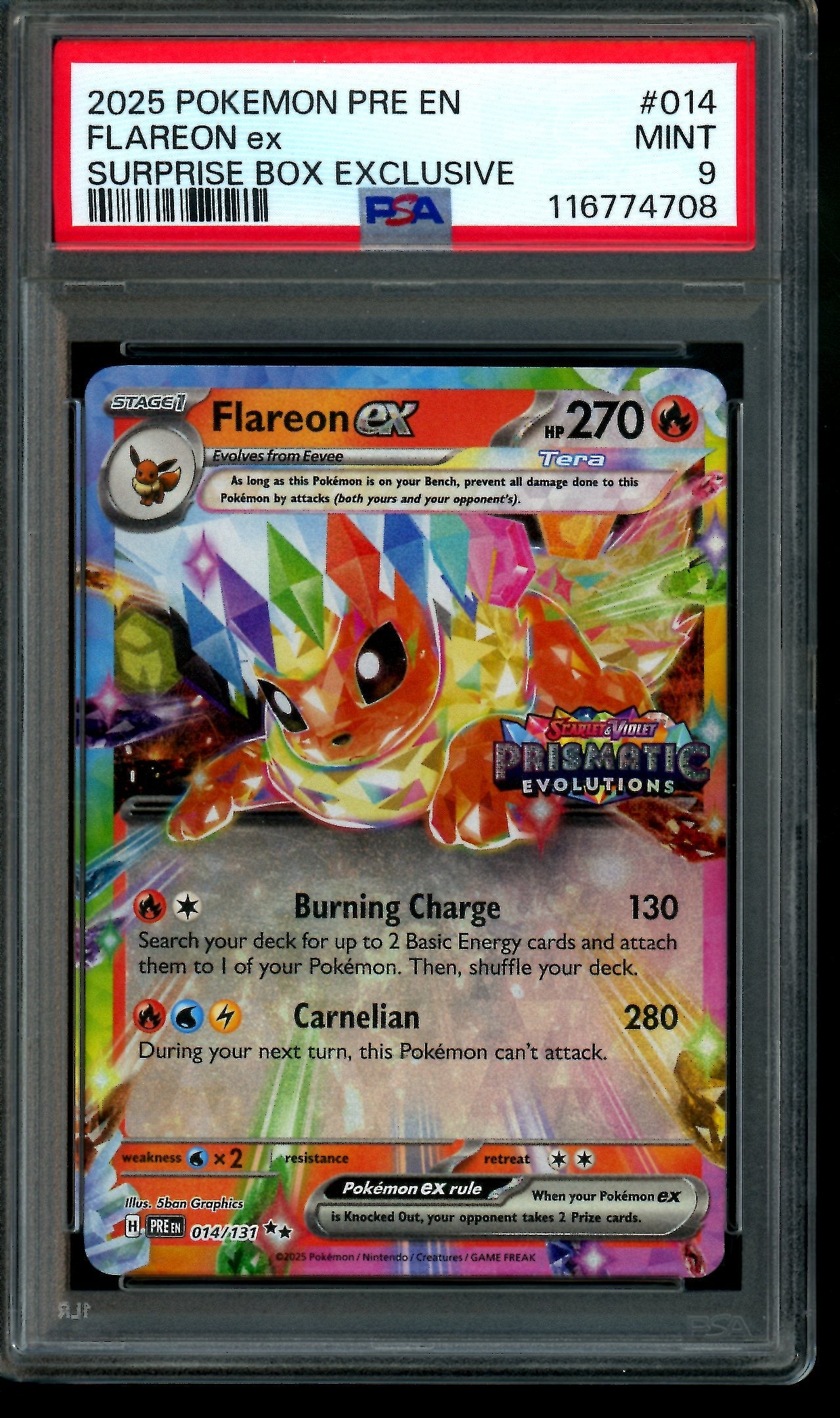 2025 Pokemon Prismatic Evolutions Flareon EX Surprise Box Exclusive PSA 9