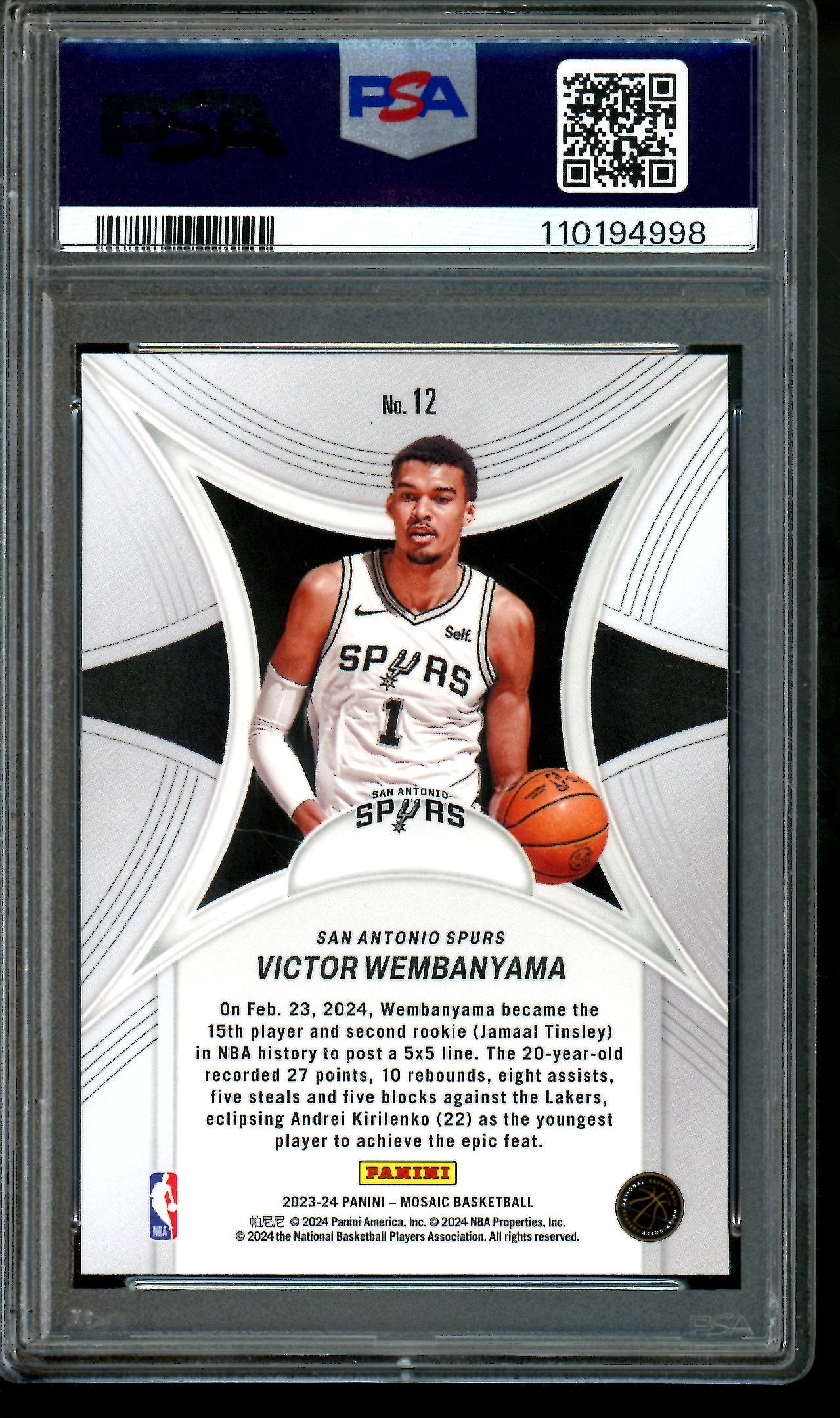 2023 Panini Mosaic Victor Wembanyama Epic Performers Rookie PSA 9 Spurs