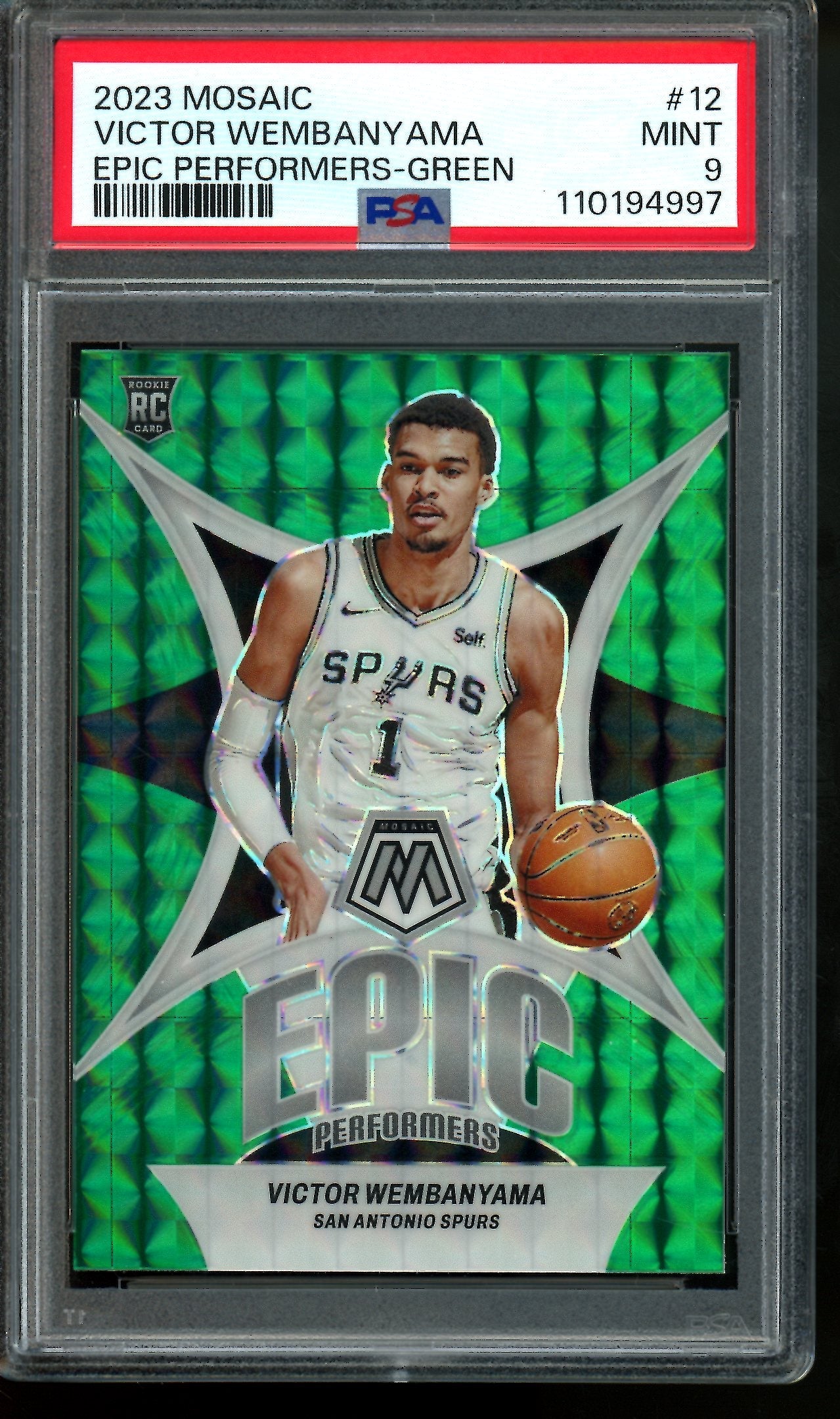 2023 Panini Mosaic Victor Wembanyama Epic Performers Green Rookie PSA 9 Spurs