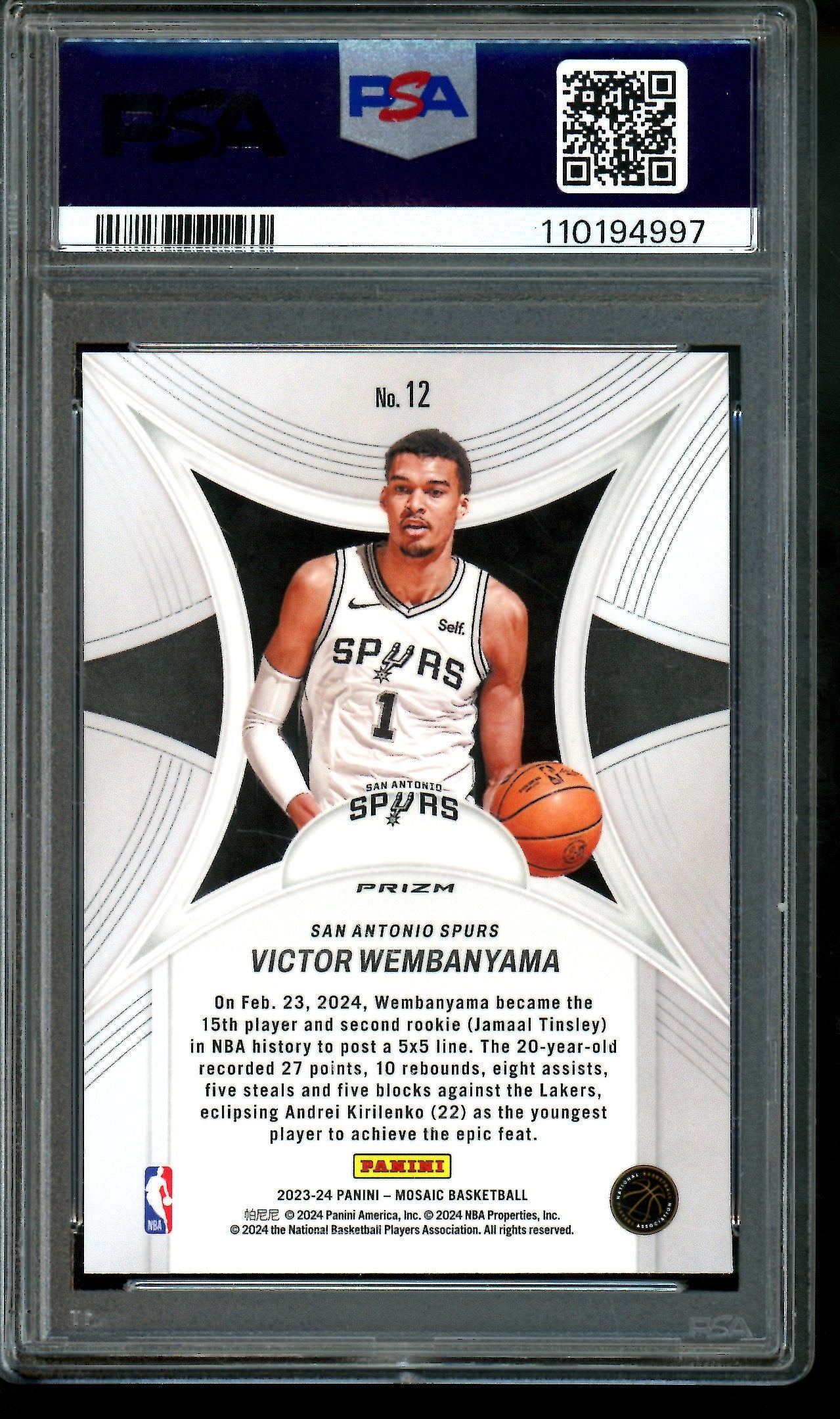 2023 Panini Mosaic Victor Wembanyama Epic Performers Green Rookie PSA 9 Spurs