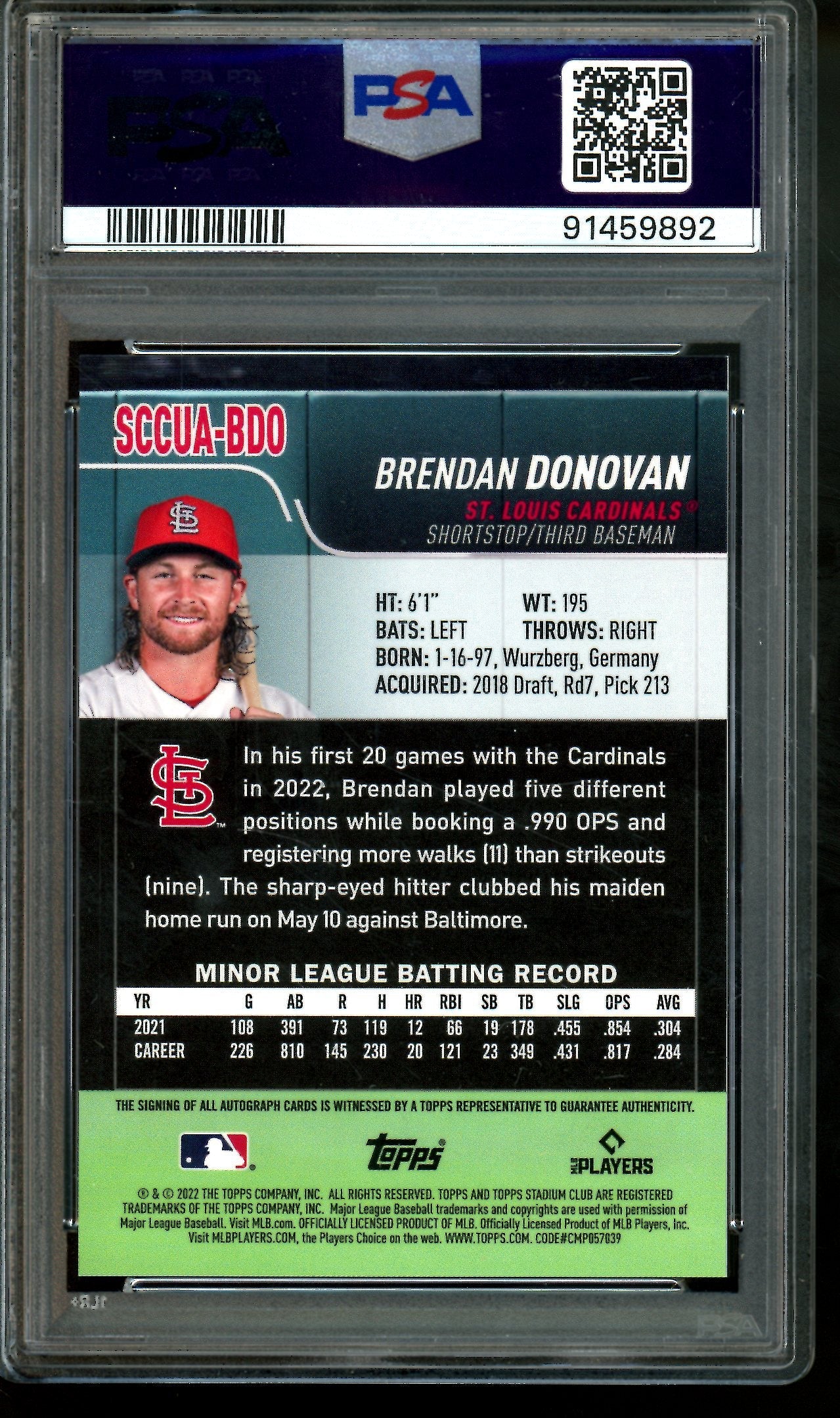 2022 Topps Stadium Club Chrome Brendan Donovan Refractor Rookie Autograph PSA 10 Cardinals