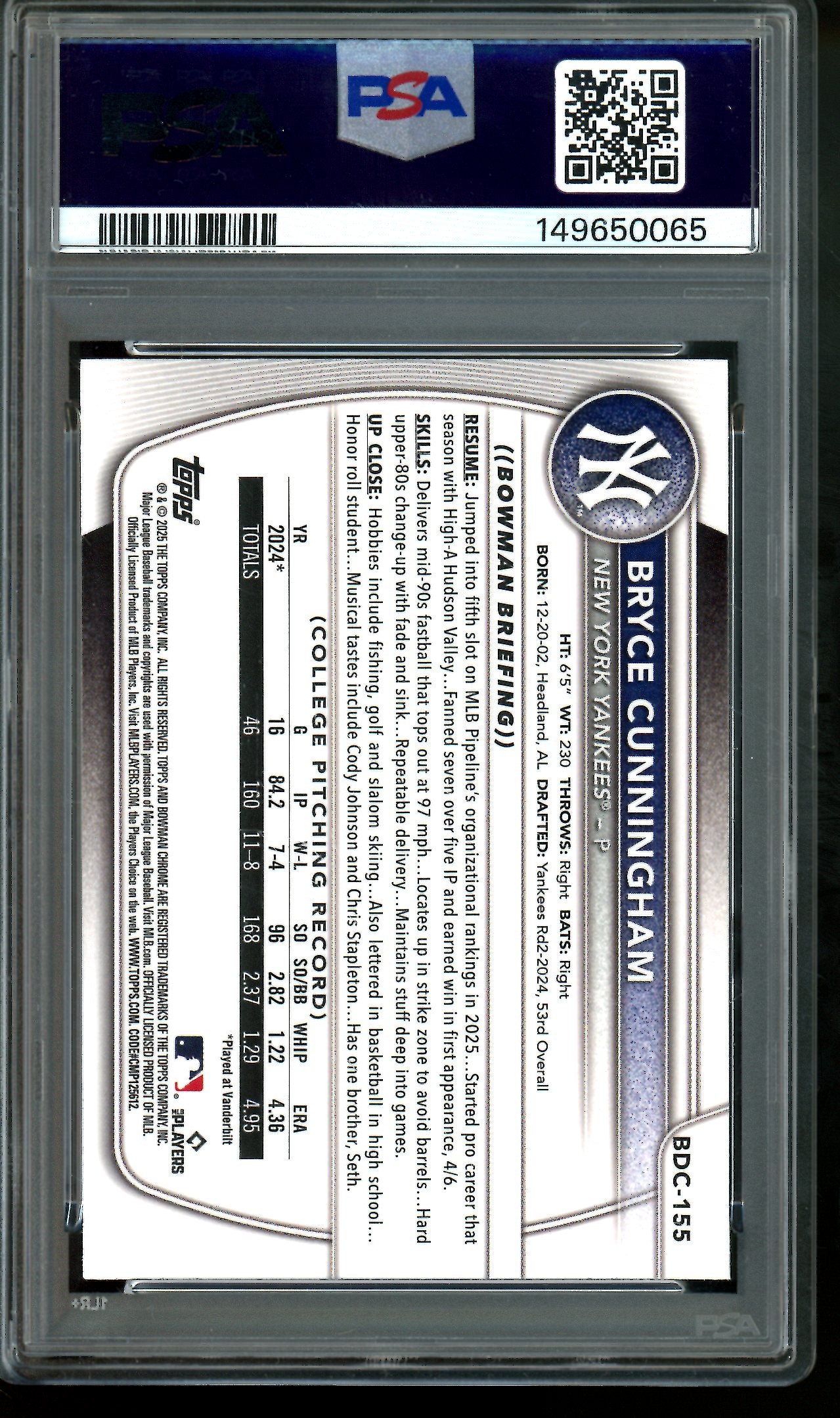 2025 Bowman Draft Bryce Cunningham Green Grass Refractor /99 PSA 9 Yankees