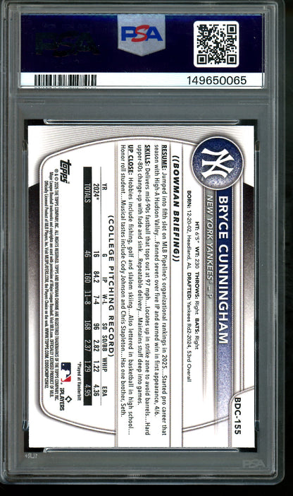 2025 Bowman Draft Bryce Cunningham Green Grass Refractor /99 PSA 9 Yankees