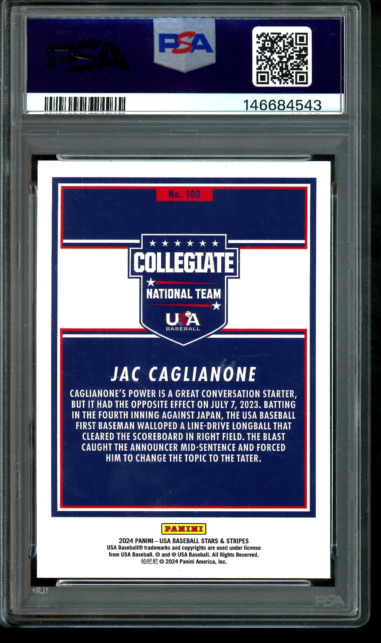 2024 Panini Stars and Stripes Jac Caglianone Opening Day PSA 9 Royals