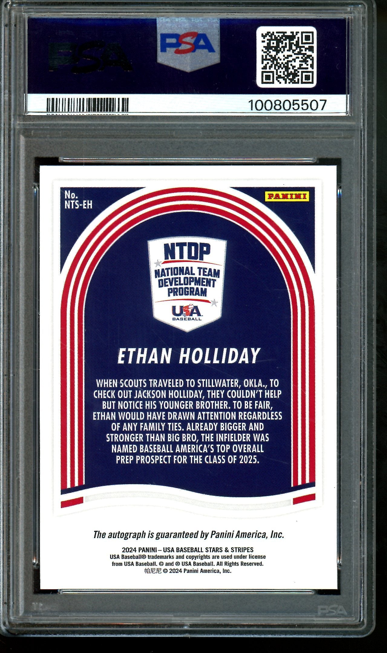 2025 Panini Stars and Stripes Ethan Holliday National Team Signatures PSA 8 Rockies