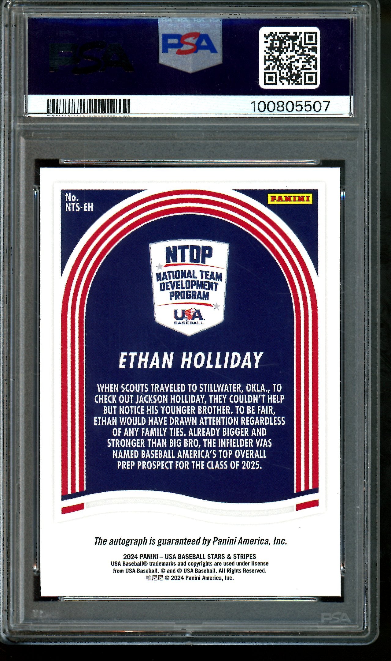 2024 Panini Stars and Stripes Ethan Holliday National Team Signatures PSA 8 Rockies