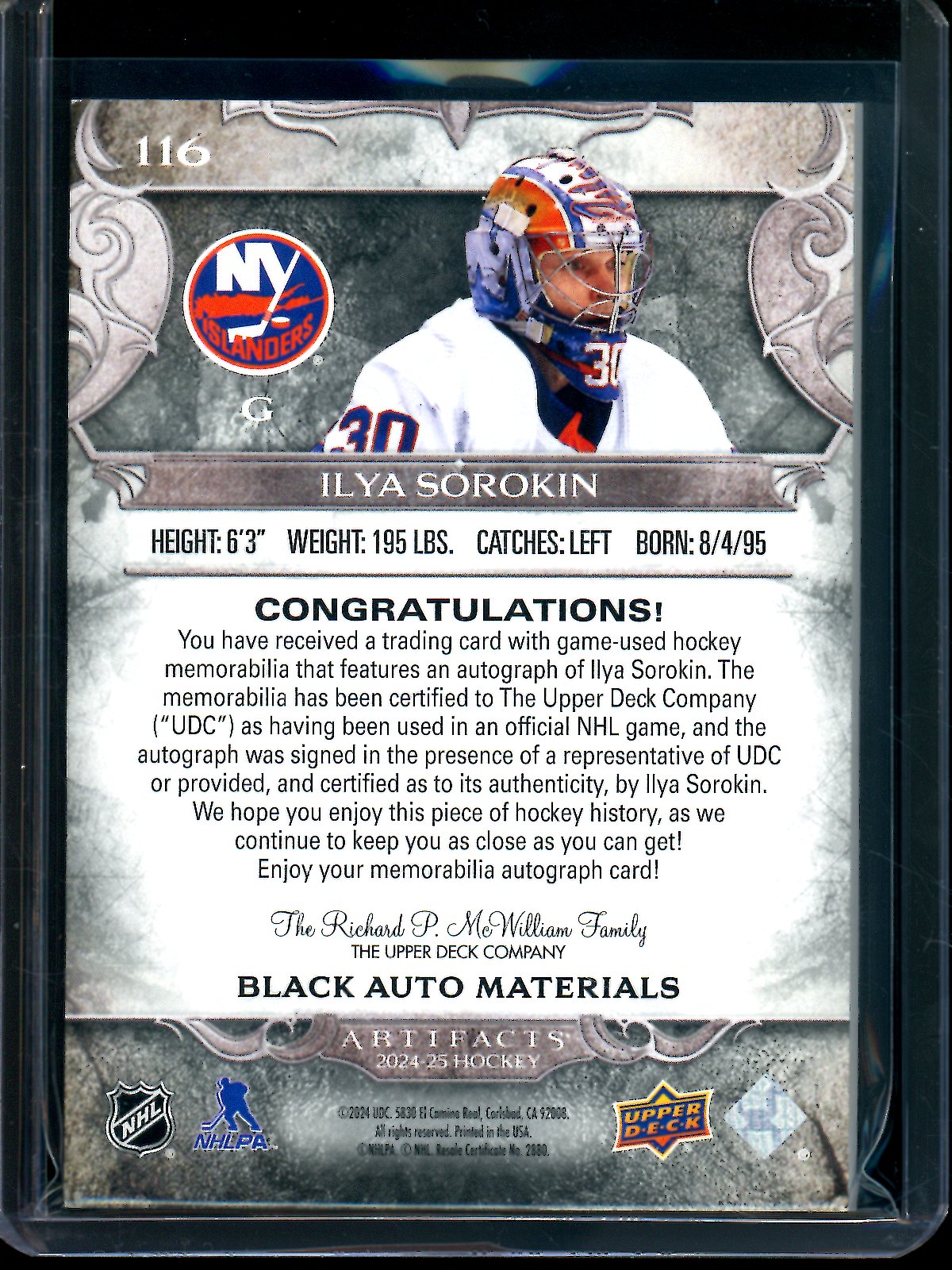 2024 Upper Deck Artifacts Ilya Sorokin 1/1 Black Auto Materials Islanders