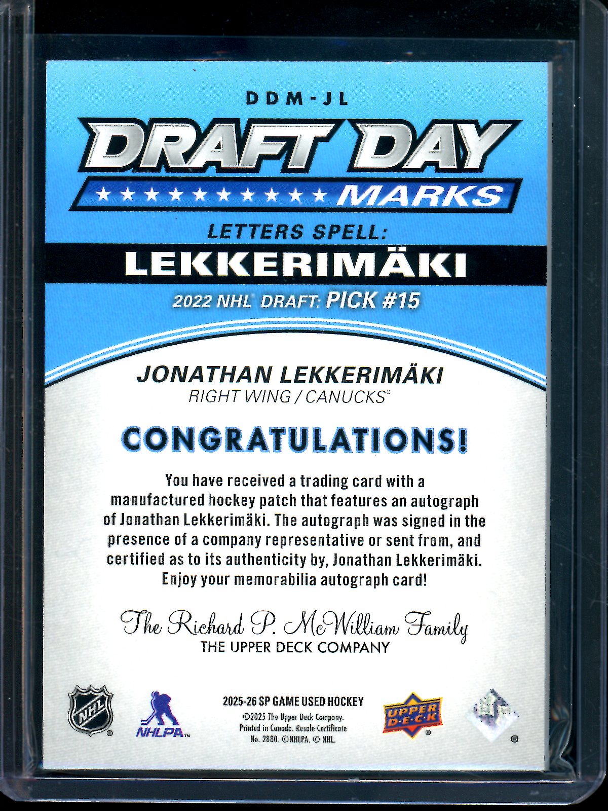 2025 Upper Deck Game Used Jonathan Lekkerimaki Draft Day Autograph /35 Canucks