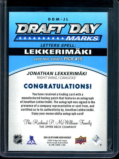 2025 Upper Deck Game Used Jonathan Lekkerimaki Draft Day Autograph /35 Canucks