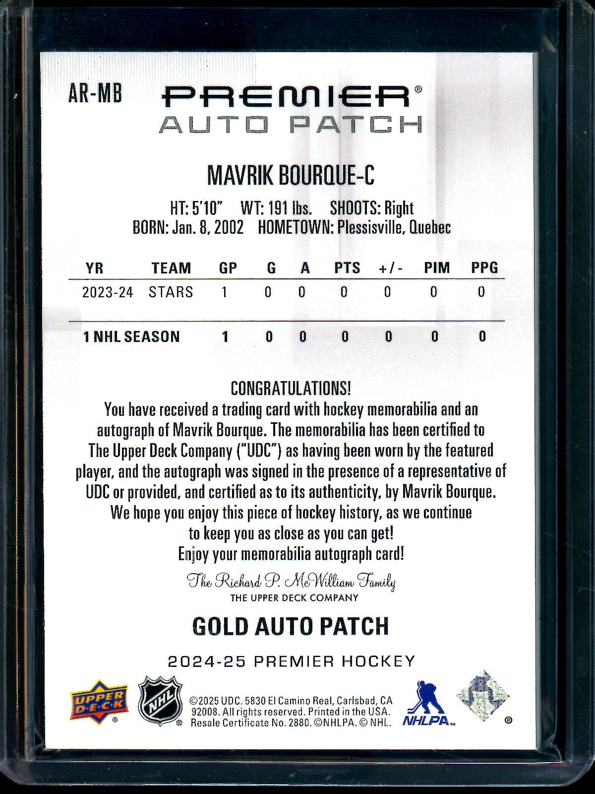 2025 Upper Deck Premier Mavrik Bourque Rookie Auto Patch /65 Stars