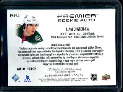 2025 Upper Deck Premier Liam Ohgren Rookie Patch Autograph /15 Wild