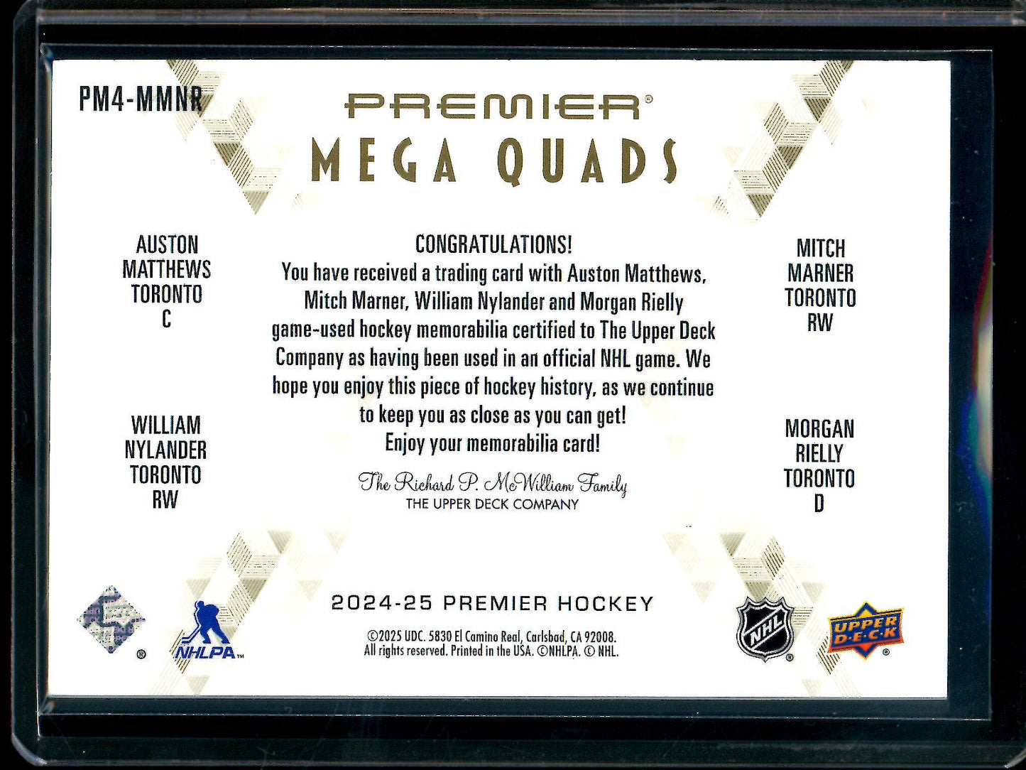 2025 Upper Deck Premier Matthews / Marner / Nylander / Rielly Mega Quads Relic /15 Maple Leafs