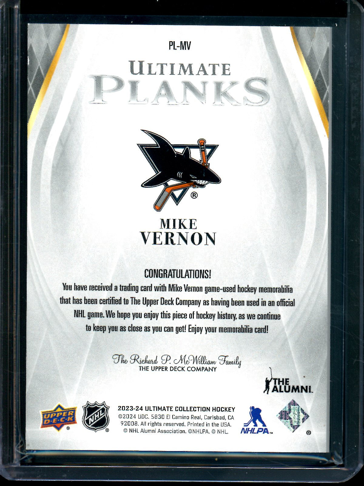 2024 Upper Deck Ultimate Collection Mike Vernon Planks Wood Relic /49 Sharks