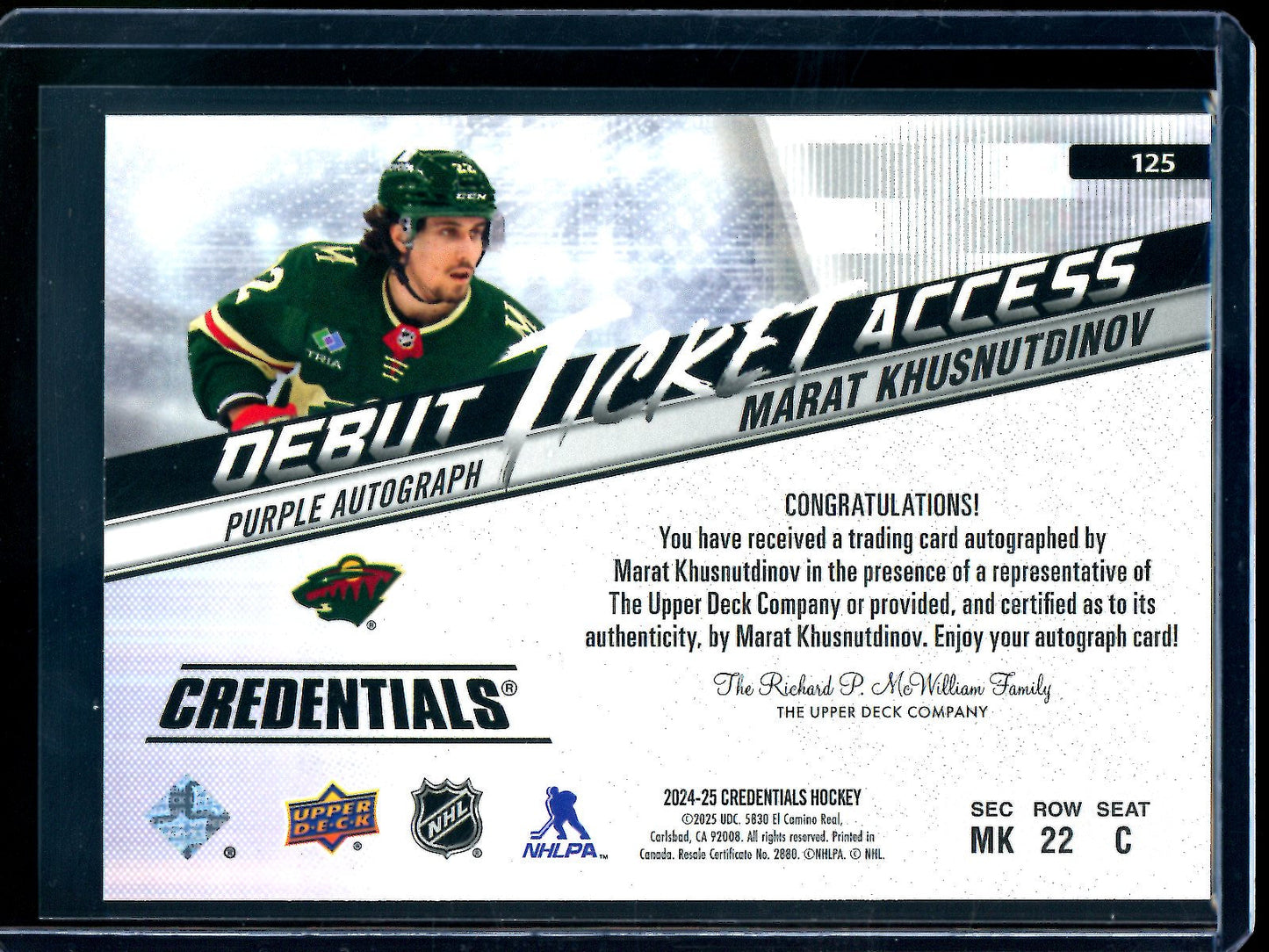 2024 Upper Deck Credentials Marat Khusnutdinov Debut Ticket Access Autograph Purple /15 Wild