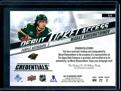 2024 Upper Deck Credentials Marat Khusnutdinov Debut Ticket Access Autograph Purple /15 Wild
