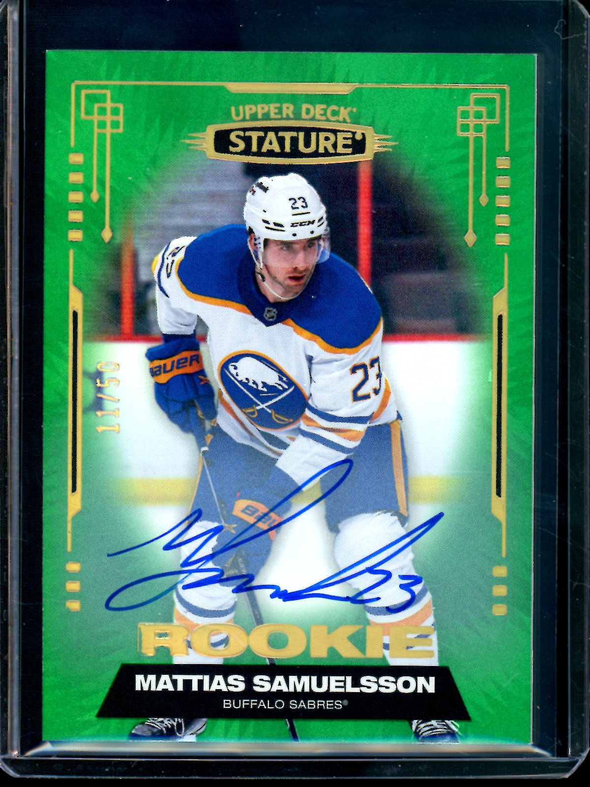 2021 Upper Deck Stature Mattias Samuelsson Green Rookie Autograph /50 Sabres