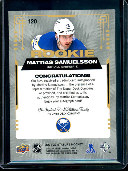 2021 Upper Deck Stature Mattias Samuelsson Green Rookie Autograph /50 Sabres