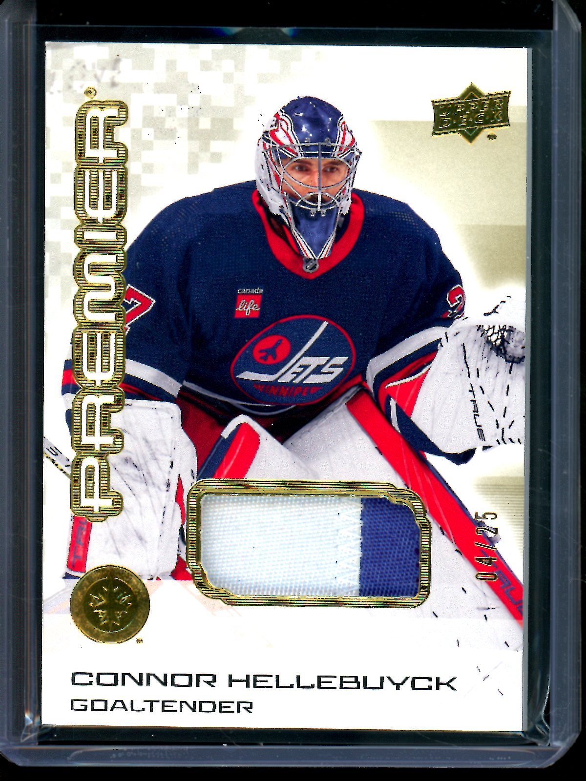 2025 Upper Deck Premier Connor Hellebuyck Gold Premium Memorabilia /25 Jets