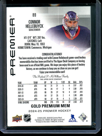 2025 Upper Deck Premier Connor Hellebuyck Gold Premium Memorabilia /25 Jets