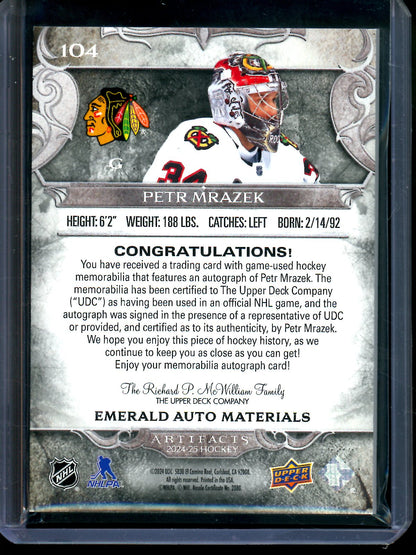 2024 Upper Deck Artifacts Petr Mrazek Emerald Autograph Materials /15 Blackhawks
