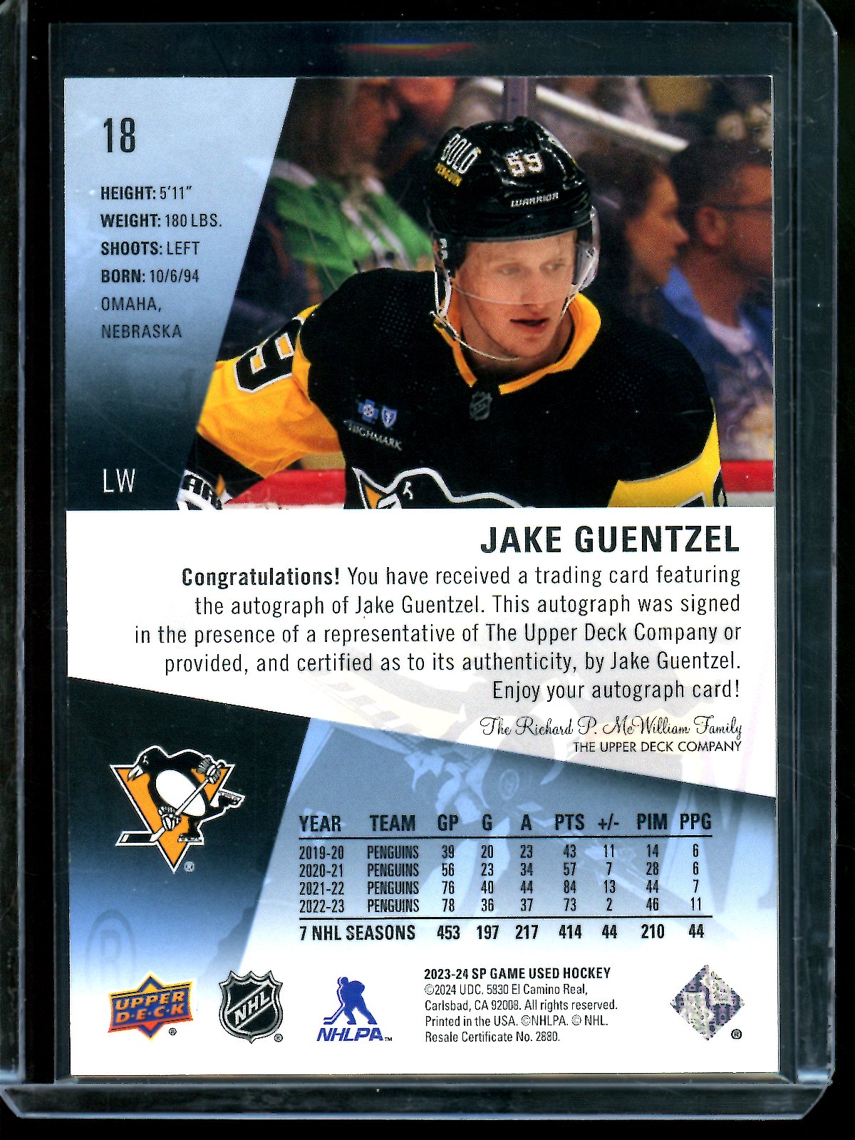 2023 Upper Deck SP Game Used Jake Guentzel Autograph Penguins
