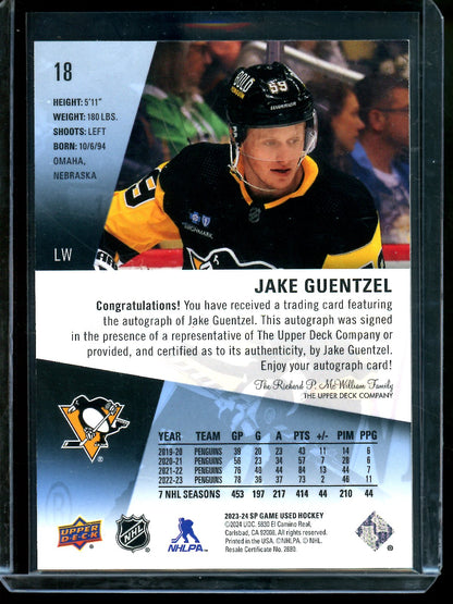 2023 Upper Deck SP Game Used Jake Guentzel Autograph Penguins