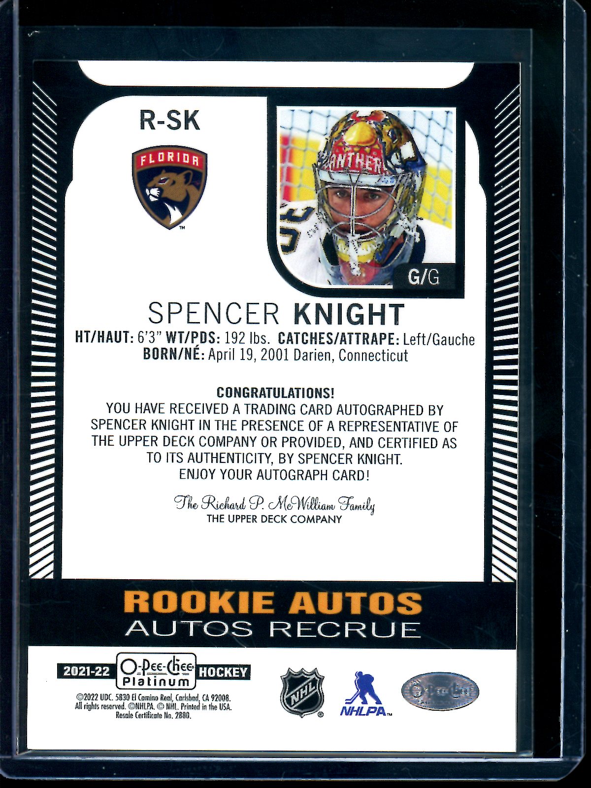 2022 O-Pee-Chee O-Pee-Chee Platinum Spencer Knight Rookie Autograph Panthers