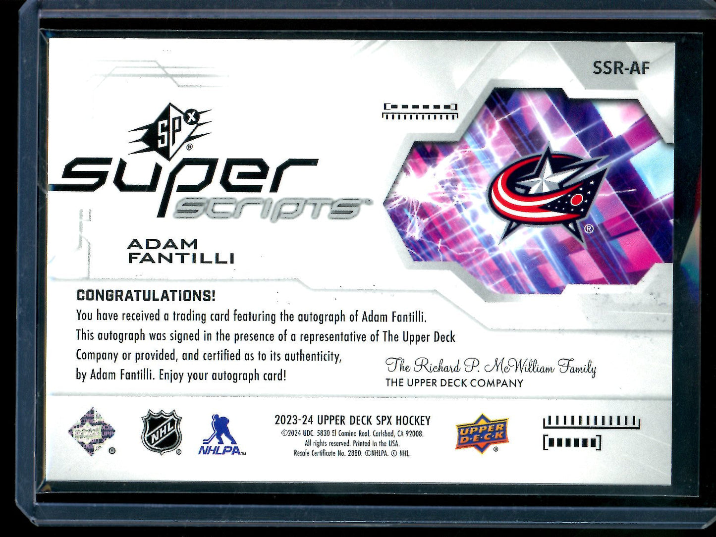 2023 Upper Deck SPX Adam Fantilli Rookie Super Scripts Autograph Blue Jackets