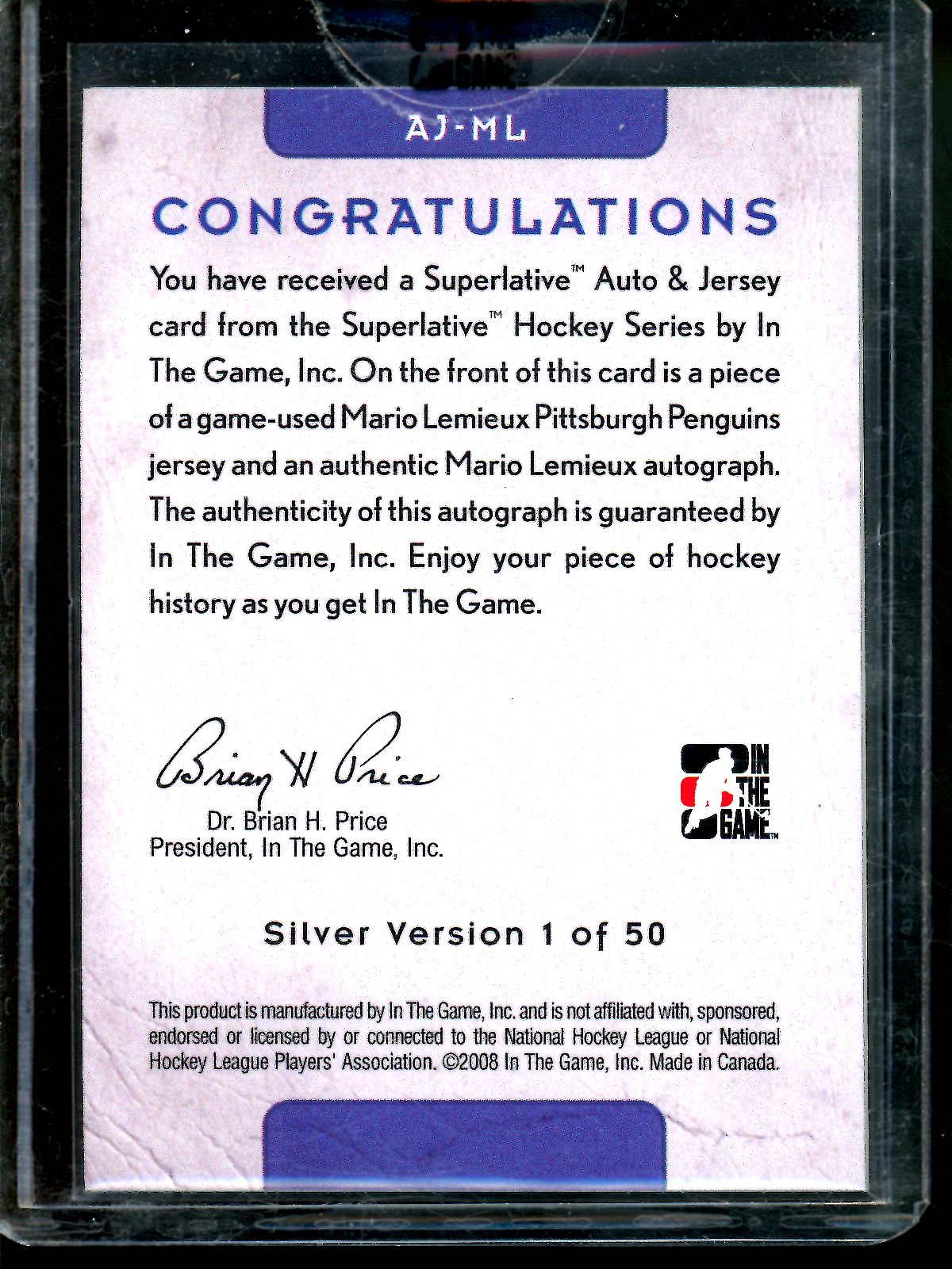2008 In The Game Superlative Mario Lemieux Jersey Autograph Sealed 1 of 50 Penguins